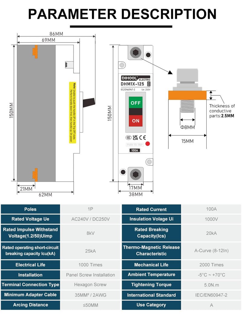 DIHOOL 100 Amp Battery DC Disconnect Switch, DC Breaker for Main Power Station, UPS,Solar - Image 2